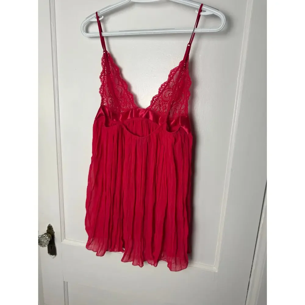 Victoria's Secret Red Lace Pleated Babydoll Chemise Slip Lingerie Women's Size L